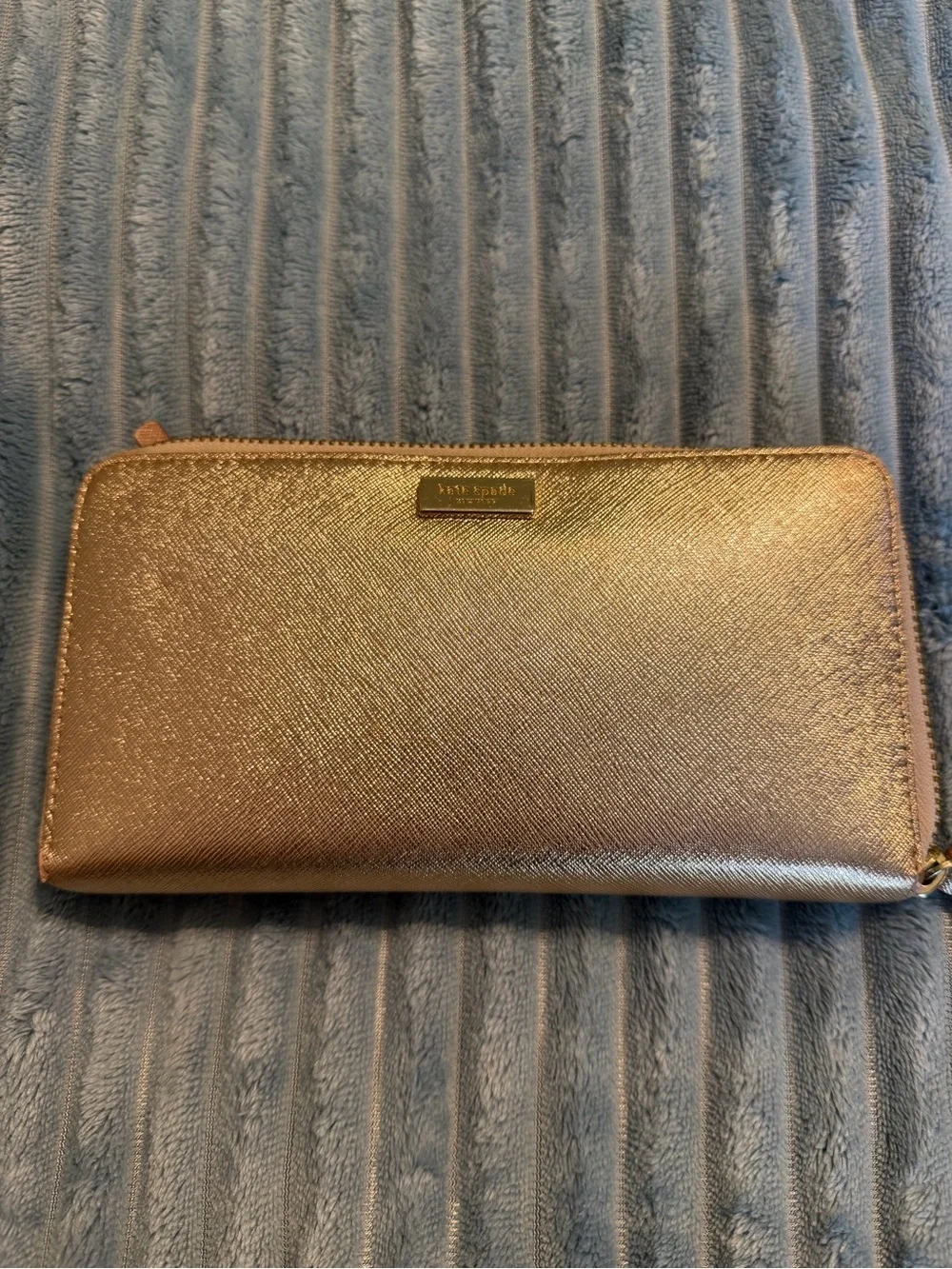 kate spade metallic rose gold zip-around wallet